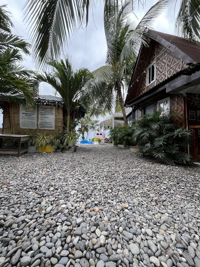 Wooden cottage under coconut trees