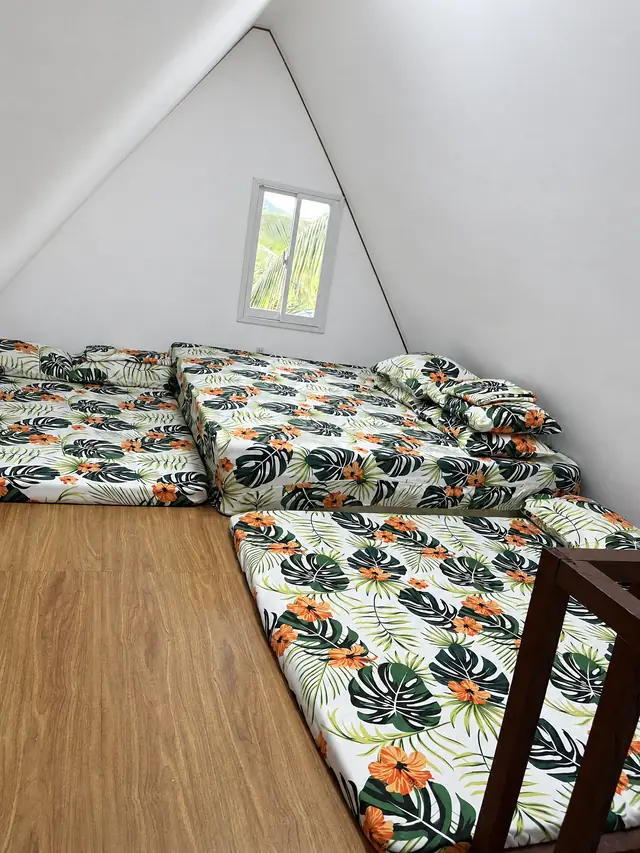 A-frame loft with floor mattresses in the family room