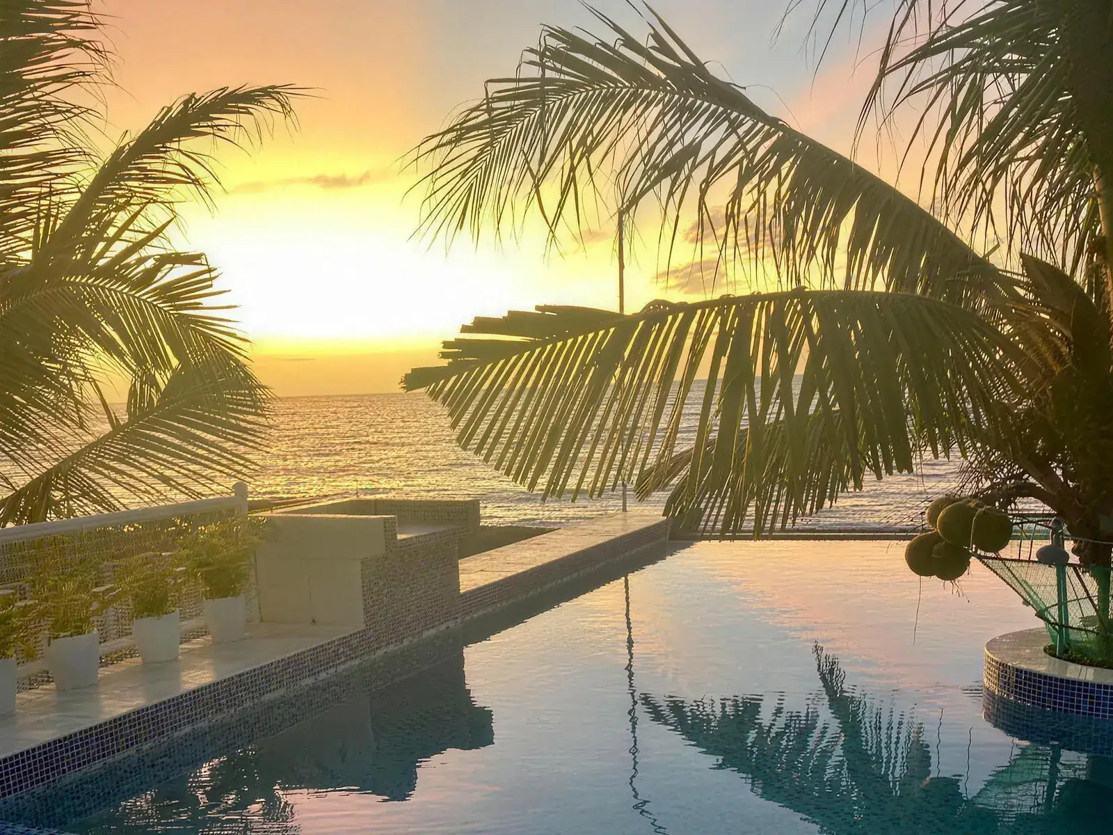 Sunset over the infinity pool at Tacia Amore Beach Resort in Lobo